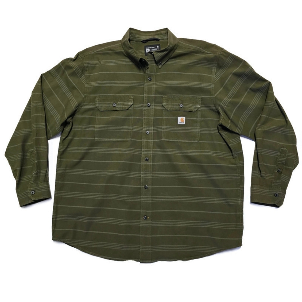 Carhartt Shirt Mens XL Green Striped Long Sleeve Button Down Loose Workwear Logo